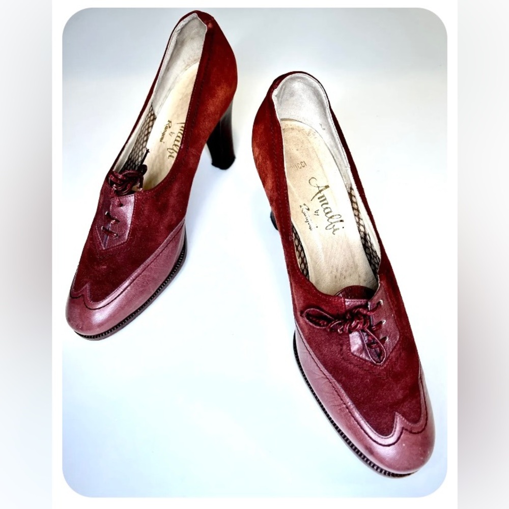Vintage Amalfi by Rangoni Burgundy Leather And Suède Ladies Oxford Heels